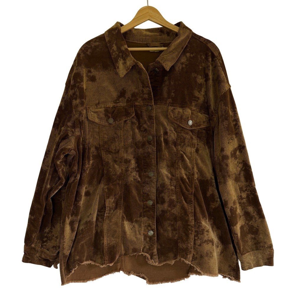 Oddi Brown Acid Wash Corduroy Shacket Frayed Hem Jacket U14171P 2XL